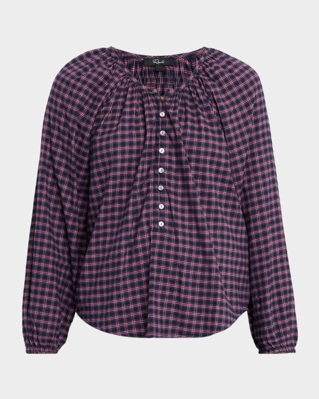 Indi Check Long-Sleeve Babydoll Blous